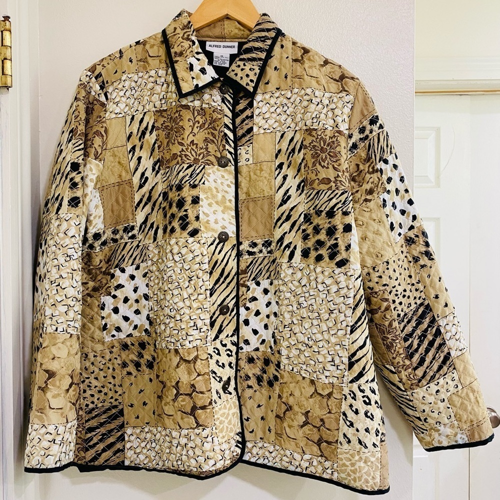 Alfred Dunner Beige Animal Print Silk Patchwork Utility Jacket Size 12